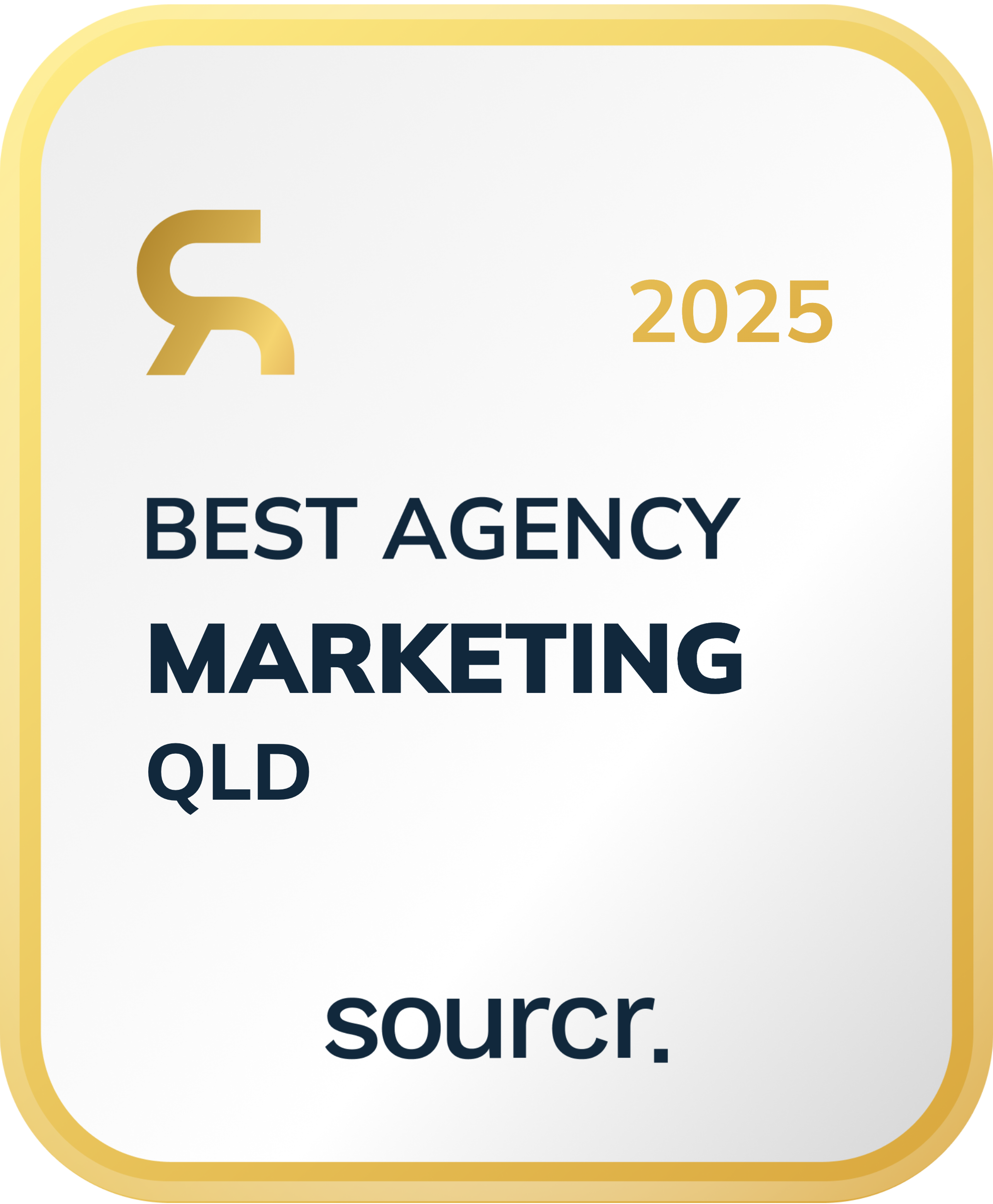 Badge with gold border stating Best Agency Marketing QLD 2025 by sourcr.